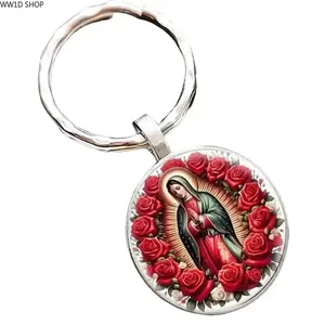 Retro Virgin of Guadalupe Keychain  Retro Virgin of Guadalupe Metal Keychain, Round Floral Pendant Accessory, Decorative Key Ring for Bags, Backpacks and Daily Carry