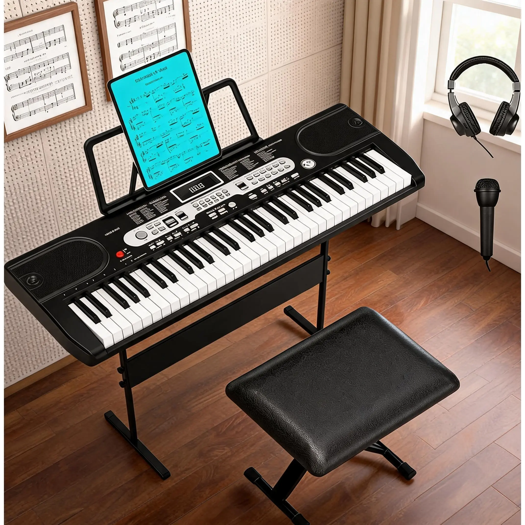 61-Key Portable Keyboard Piano for Kids & Beginners - Electric Digital Keyboard with Headphones, Microphone, Carry Bag, Stand, Stool, Music Rest, Power Supply & Note Stickers