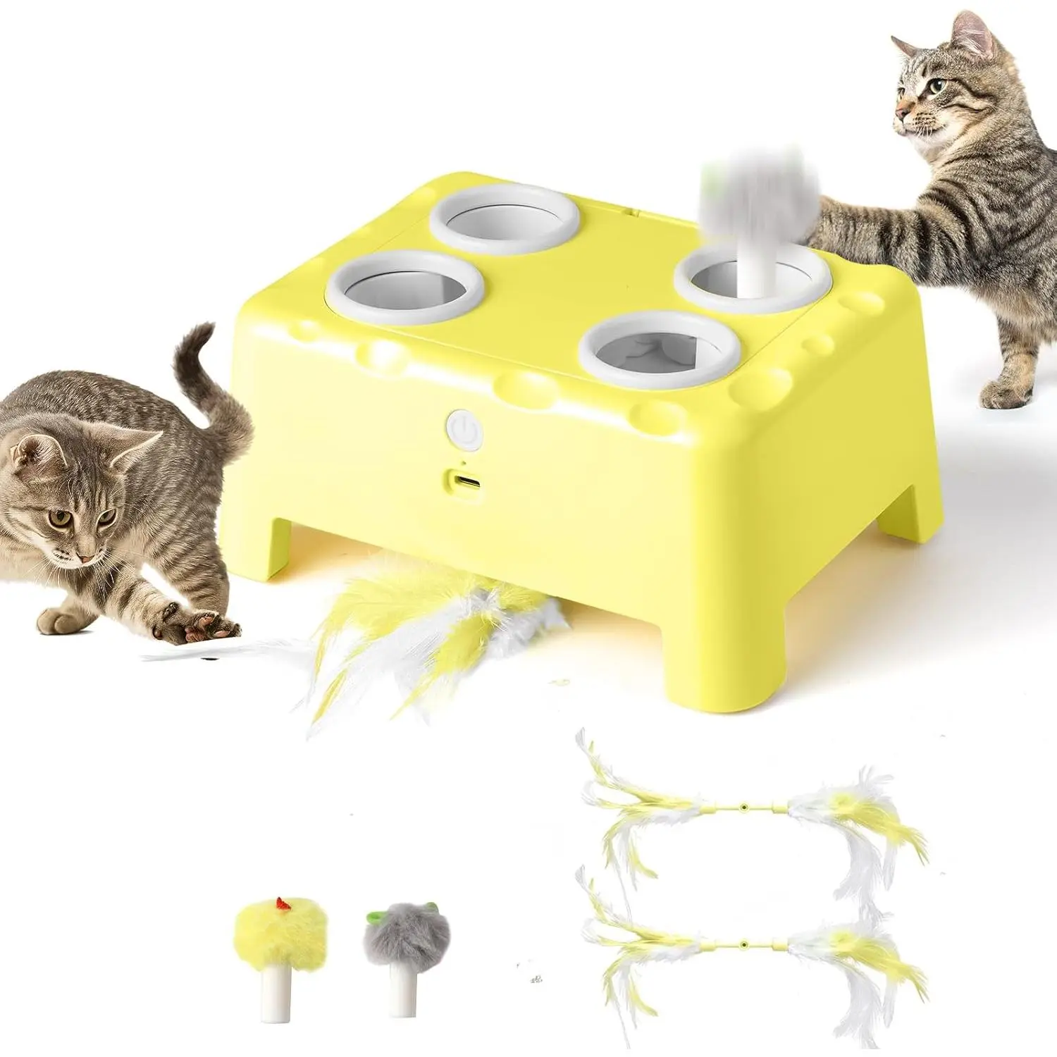 Automatic Hide-&-Seek Rechargeable Cat Toy with Feather, Butterfly Wand, Fluffy Chirping Flapping Bird - ABS Plastic, Cheese House, Prevents Boredom for Adult Cats & Kittens