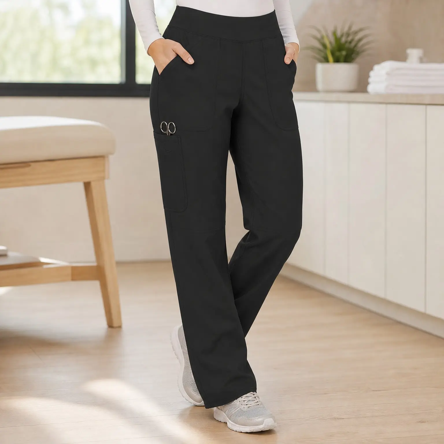 Women's Straight Leg Scrub Pants with 4 Pockets, 2-Way Stretch Pull-On Medical Uniform Pants, Comfort Knit Waistband, Easy Care for Healthcare Professionals