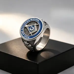 Vintage Freemason Symbol Stainless Steel Band for Men | "Free & Accepted Masons" Master Mason Ring with Box | Cool Punk Rock Biker Jewelry Gift for Him