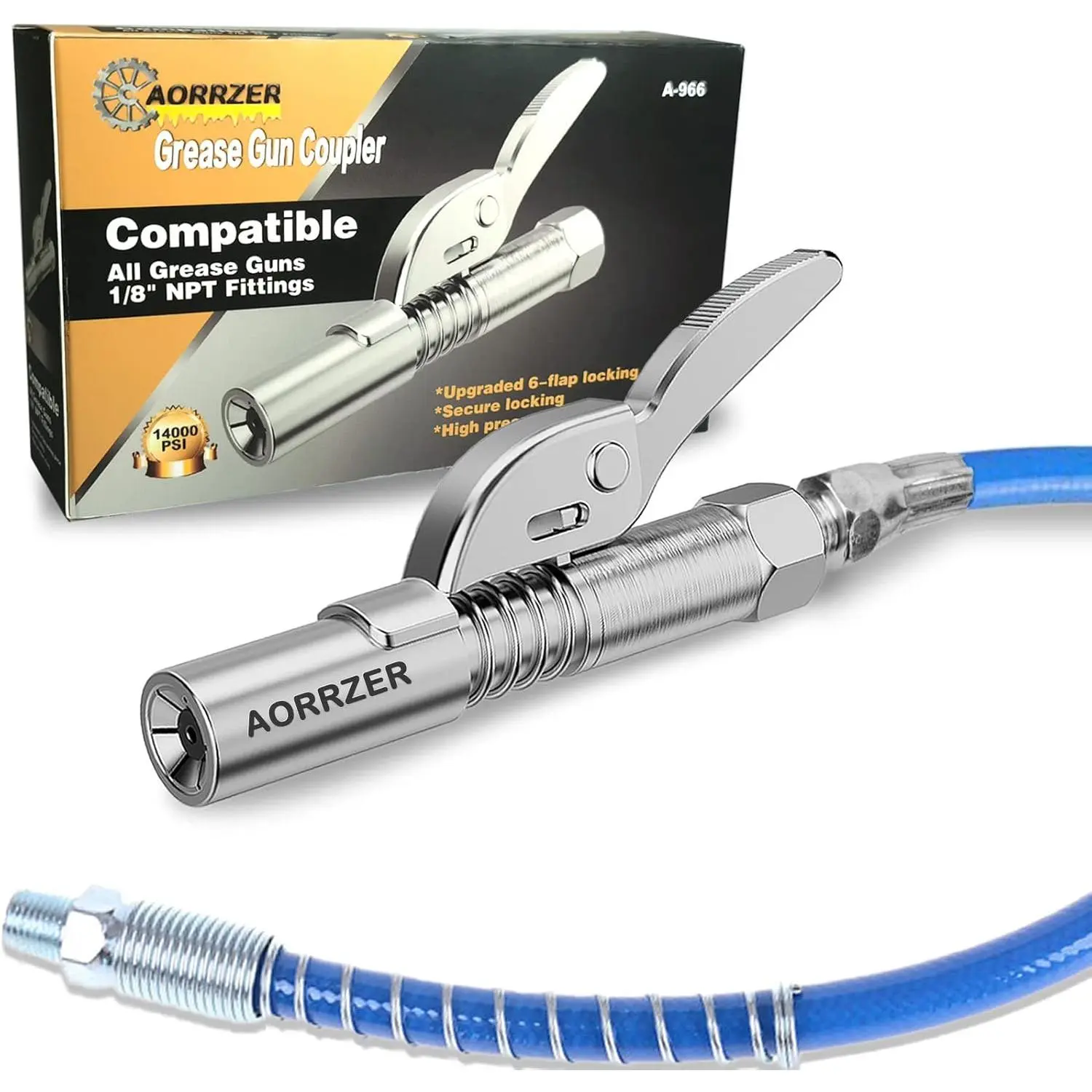 Gun Coupler, Lock on Greases Gun Couplers, 12000 PSI Quick Release Coupler with 12" Flex Hose, Compatible with All Guns 1/8" NPT Gun Fitting(1 PCS)