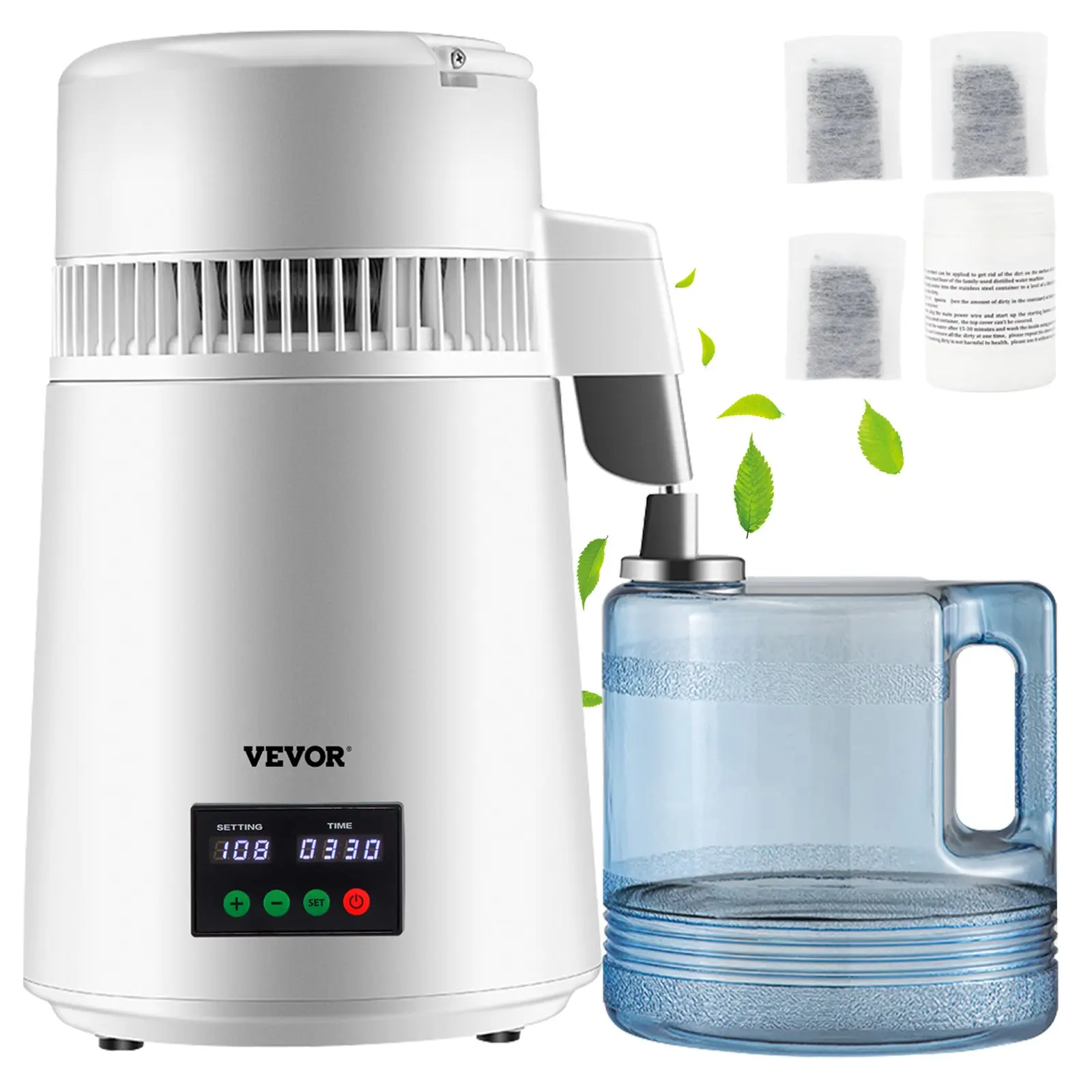 【toolupgrade】VEVOR Compact Corded 1.1Gal Digital Control Water Distiller, 750W 0.3Gal/H Home Users Distilled Water Maker, 0-99H Timing, Set Temp Display, 304 Stainless Steel Countertop Unit with Plastic Carafe, 3 Carbon Packs, Cleaning Powder, White