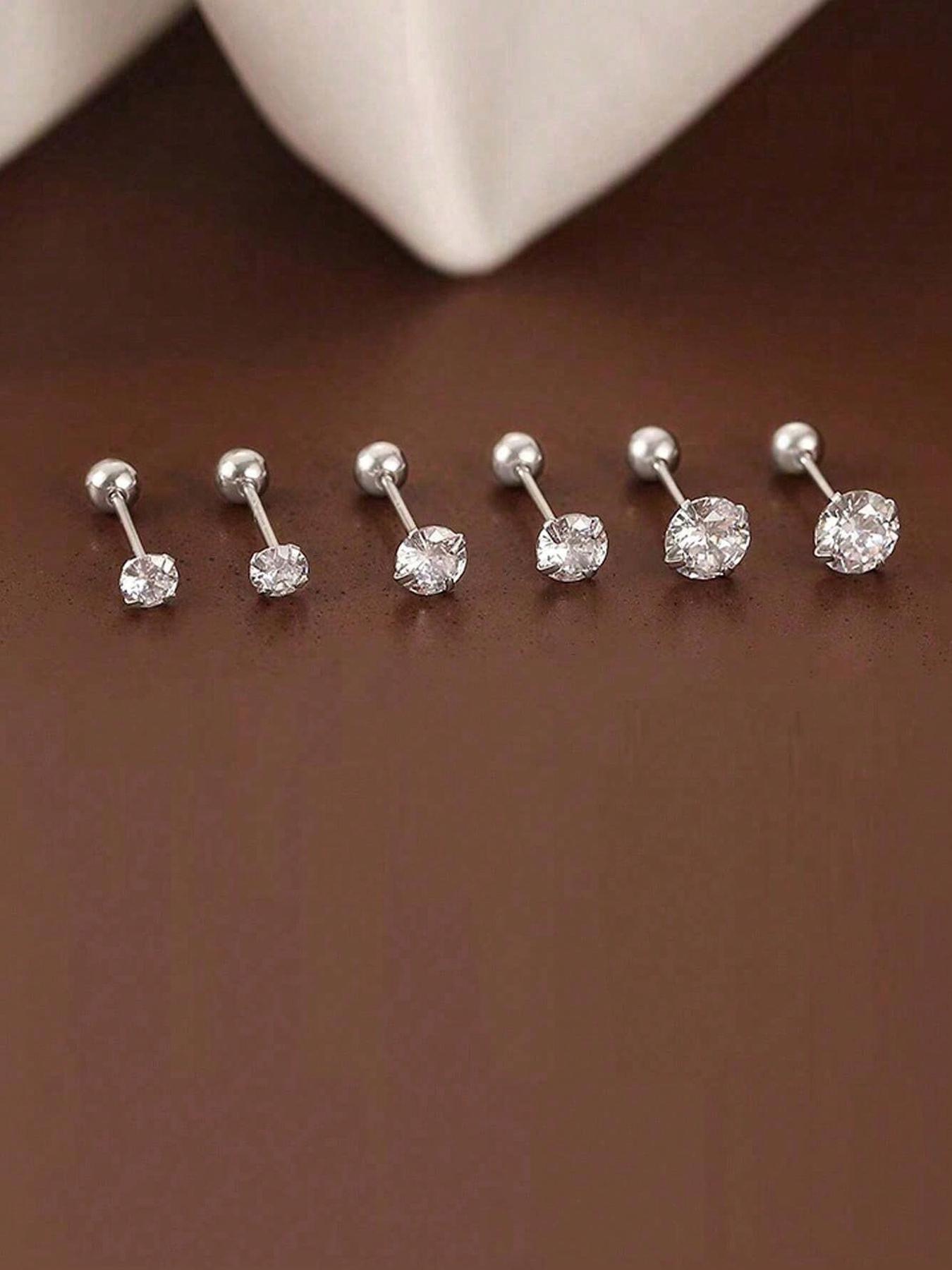 Artificial Zirconia Decorated Earrings Set, Elegant for Women & Girls, Stainless Steel Inlaid Artificial Zirconia Ear Studs, Stud Earrings Jewelry