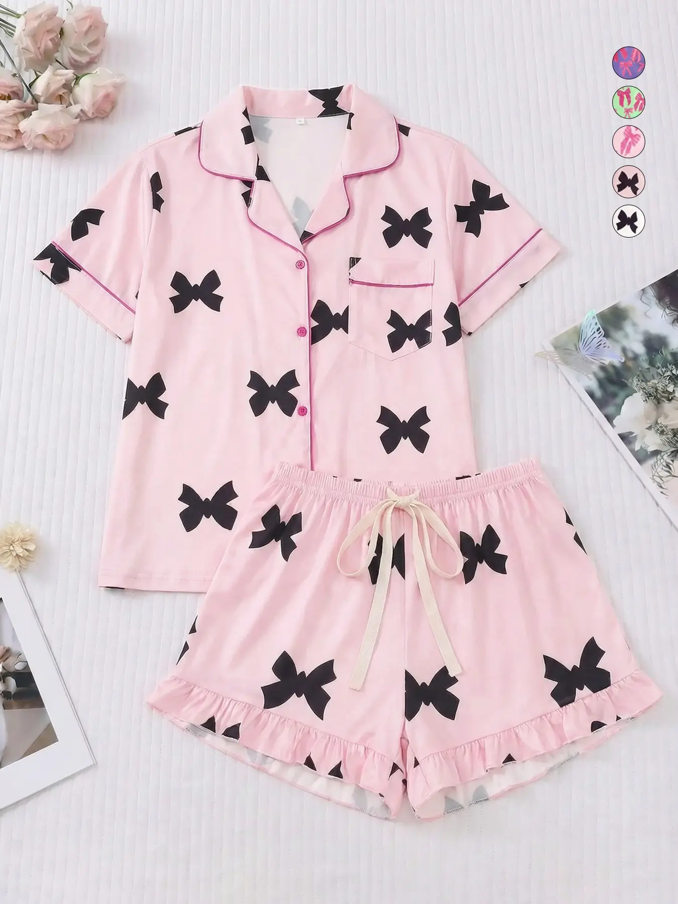 2-Piece Women's Pajamas Sleepwear Set, Casual Fitted Top with Button-Down Neckline, Loose Comfortable Shorts, All-Over Print, Four-Season Wear, Loungewear
