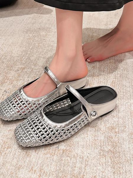 Women's Square Toe Woven Hollow Out Casual Shoes, PU Leather Upper, Rubber Sole, Medium Width, All Season Fashion Sneakers