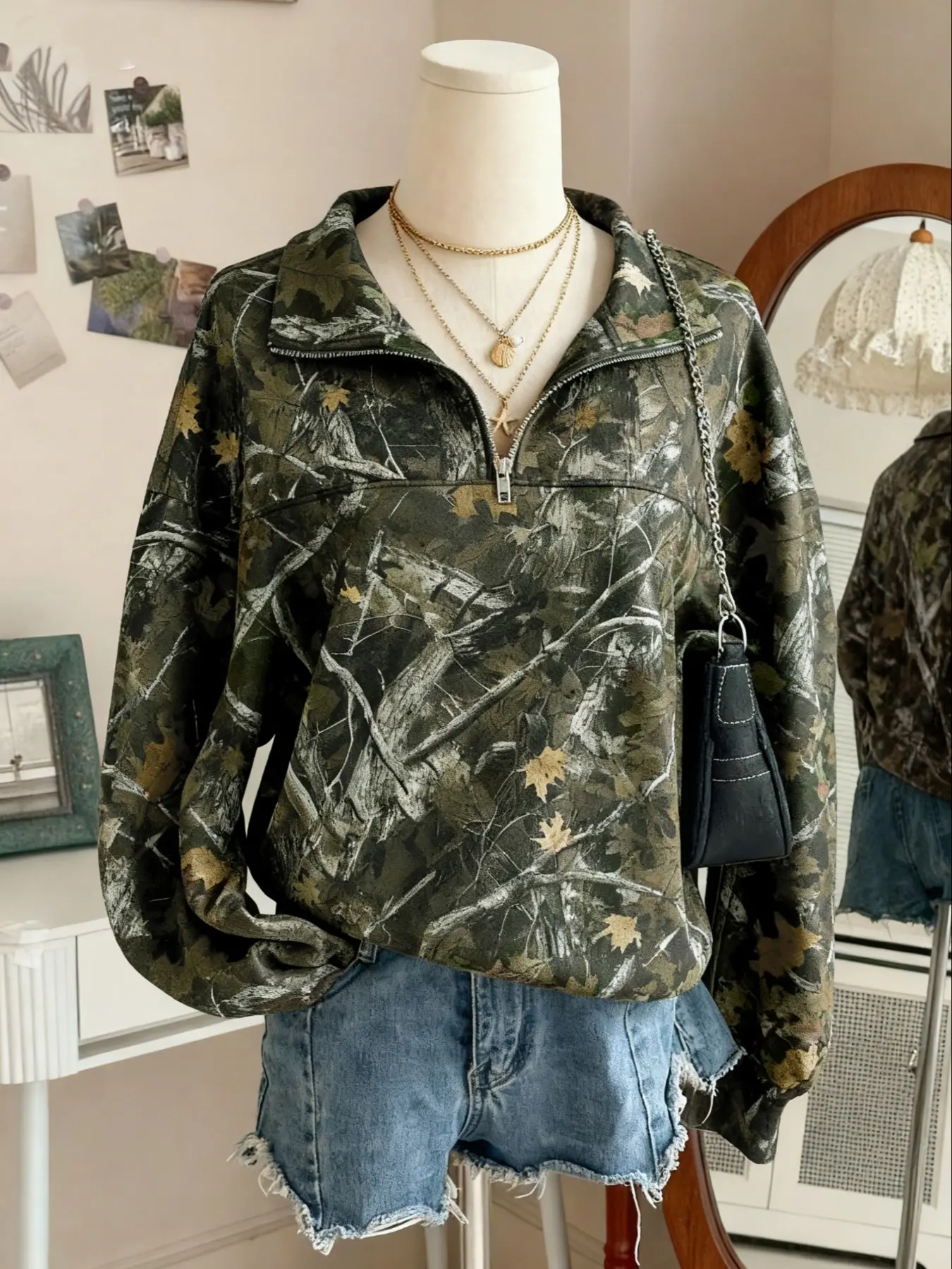 Women's Street Vintage Camo Full Print Zipper Loose Hoodie, Casual Fall & Winter Clothing, School Reunion, Teacher, Daily Wear