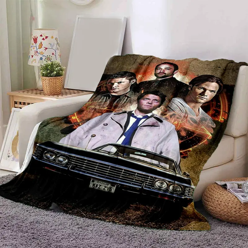 This supernatural-themed blanket is made of soft flannel and features Dean, Sam, crew members, and classic car motifs-perfect for all seasons and a perfect gift for fans.