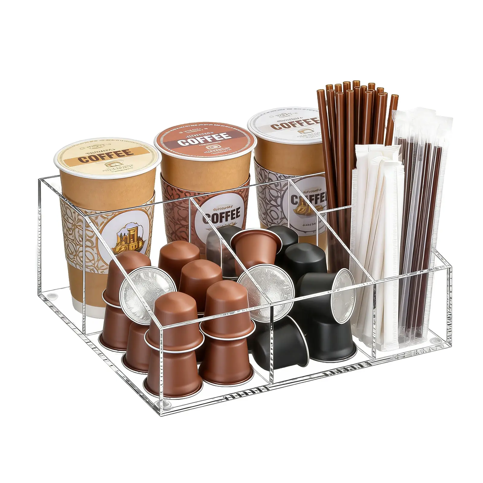 7-Compartment Clear Acrylic Coffee Station Organizer – Multi-Purpose Countertop Rack for Pods, Cups, Lids, Syrup, Tea Bags – Space-Saving Kitchen Storage Caddy