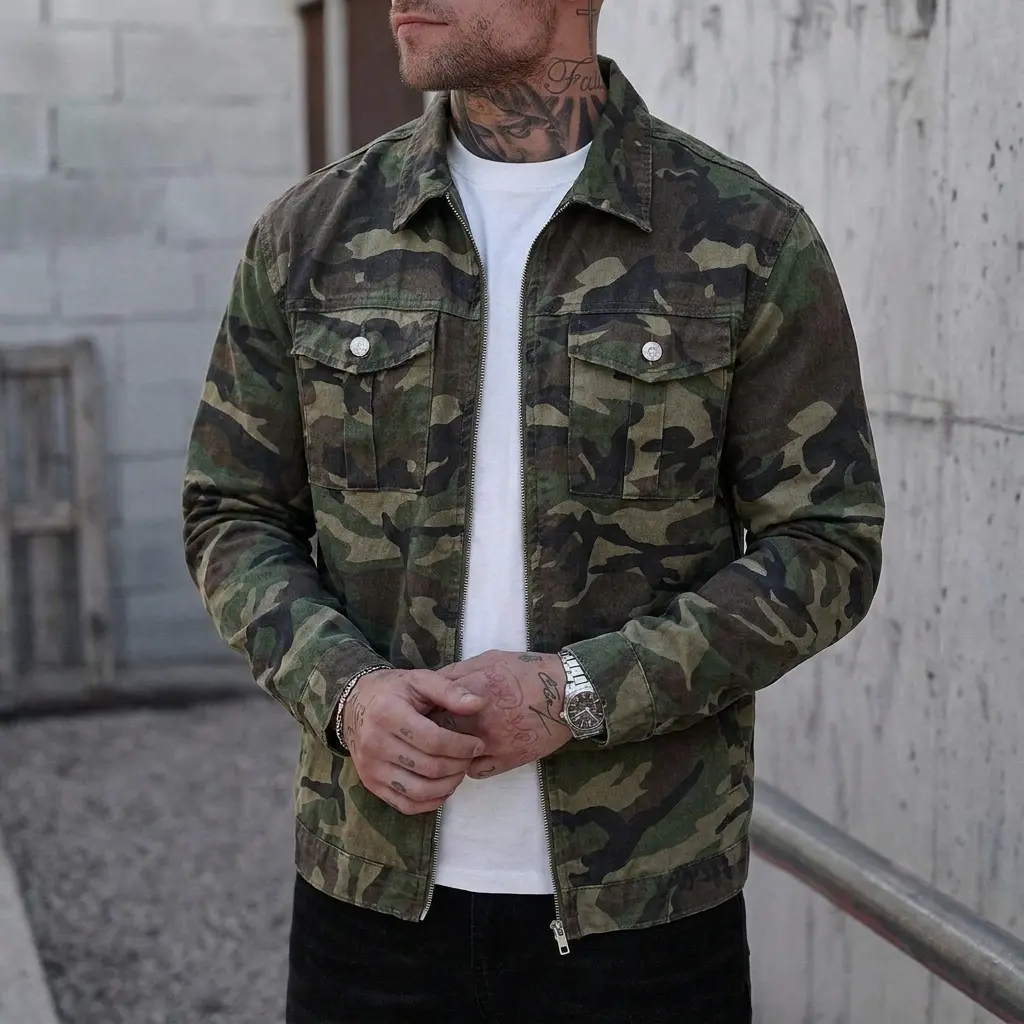Men's Thick Military Camo Zip Trucker Jacket - Retro Lapel Outerwear with Button Chest Pockets, Cotton Grunge Streetwear for Street Shots, Casual Outfits; Paired with Shirts, Cargo Pants (Long Sleeves)