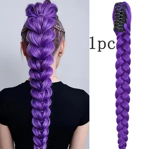 25.59-Inch Long Purple Synthetic Fiber Braided Wig With Clip-On Ponytail, Suitable For Cosplay, Halloween And Christmas