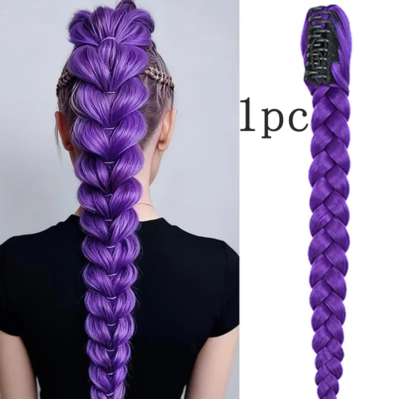 25.59-Inch Long Purple Synthetic Fiber Braided Wig With Clip-On Ponytail, Artificial Wig Suitable For Cosplay, Halloween And Christmas, High Ponytail Wig