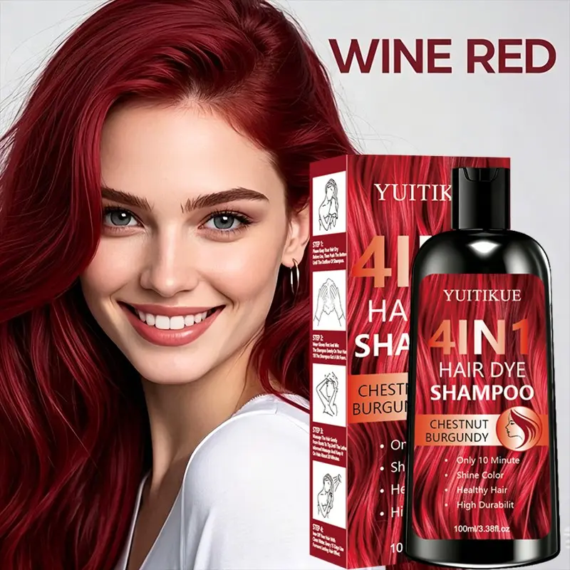 Yuitikue Four-In-One Wine Chestnut Hair Dye Shampoo 100ML, Quick Home Coloring, High Pigment, Glossy, Gentle, Plant-Based, Fade-Resistant, Nourishing