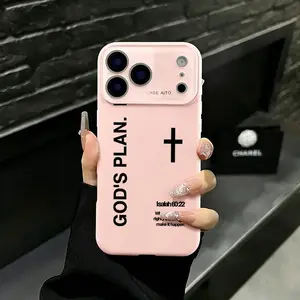 Minimal Pink Case With God's Plan Cross Print Pattern Liquid phone case with large window suitable for iPhone 17 Air 16 15 14 13 12 11 Pro Promax Plus phone case camera protection skin touch border shock absorbing protective cover