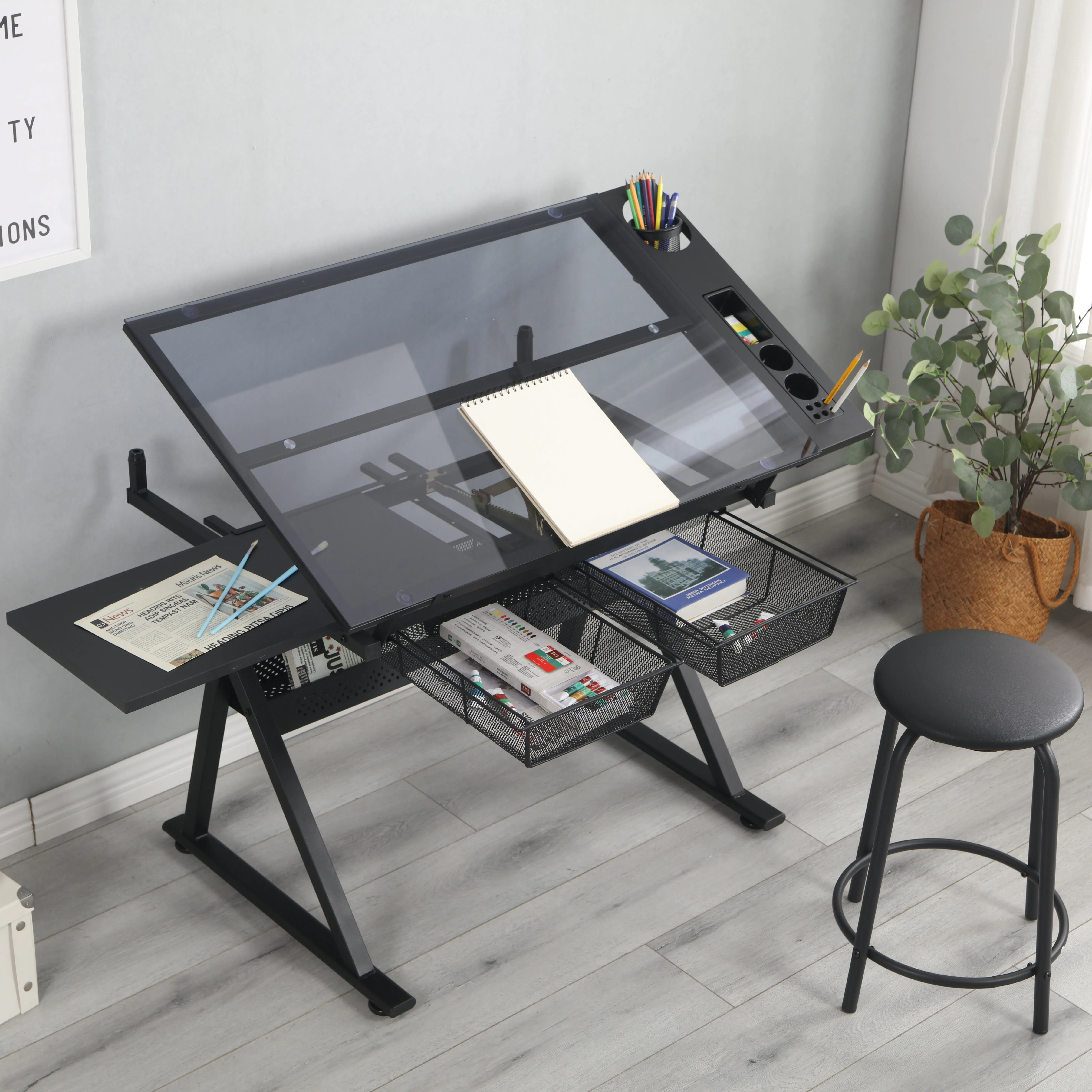 Nokaa Adjustable Tempered Glass Drafting Table with Stool for Home Office, Black Drawing Desk with Tiltable Top, Art Craft Table for Artists, Writing Desk for Study Room, Space-Saving Workstation with Storage Drawers