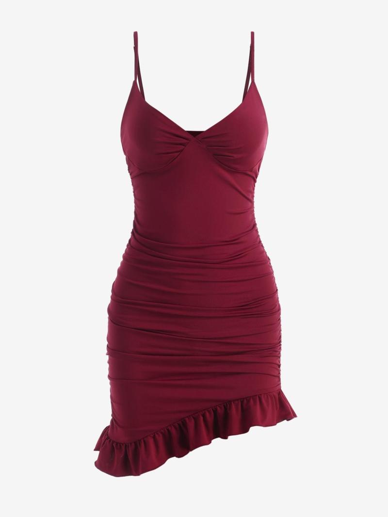 Women's Asymmetrical Ruffle Hem Ruched Cami Bodycon Dress, Summer Dresses, Casual Formal Womenswear, Sleeveless Adjustable Strap Spaghetti Strap Mini Sundress for Party Holiday, Ladies Clothes, Slim Fit Polyester Womenswear, Date Night Dresses