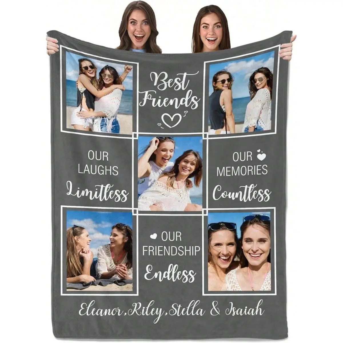 Best Friends Custom Photo Throw Blanket, 6 Picture Grey Frame Flannel Blanket, Soft Cozy Warm Throw, Laughs Limitless Memories Countless Friendship Endless Design, Personalized Gift for Her Bestie, Sentimental Keepsake Cute Couch Bedroom Decor # blankets