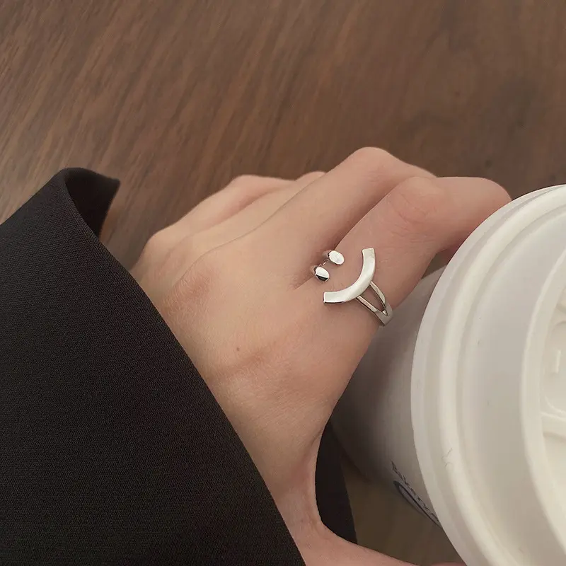 Women's Open-Ended Smiley Face Ring Index Finger, Unique Minimalist Design Trendy Fashion Jewelry, Elongating Luxury Personalized Female Accessory