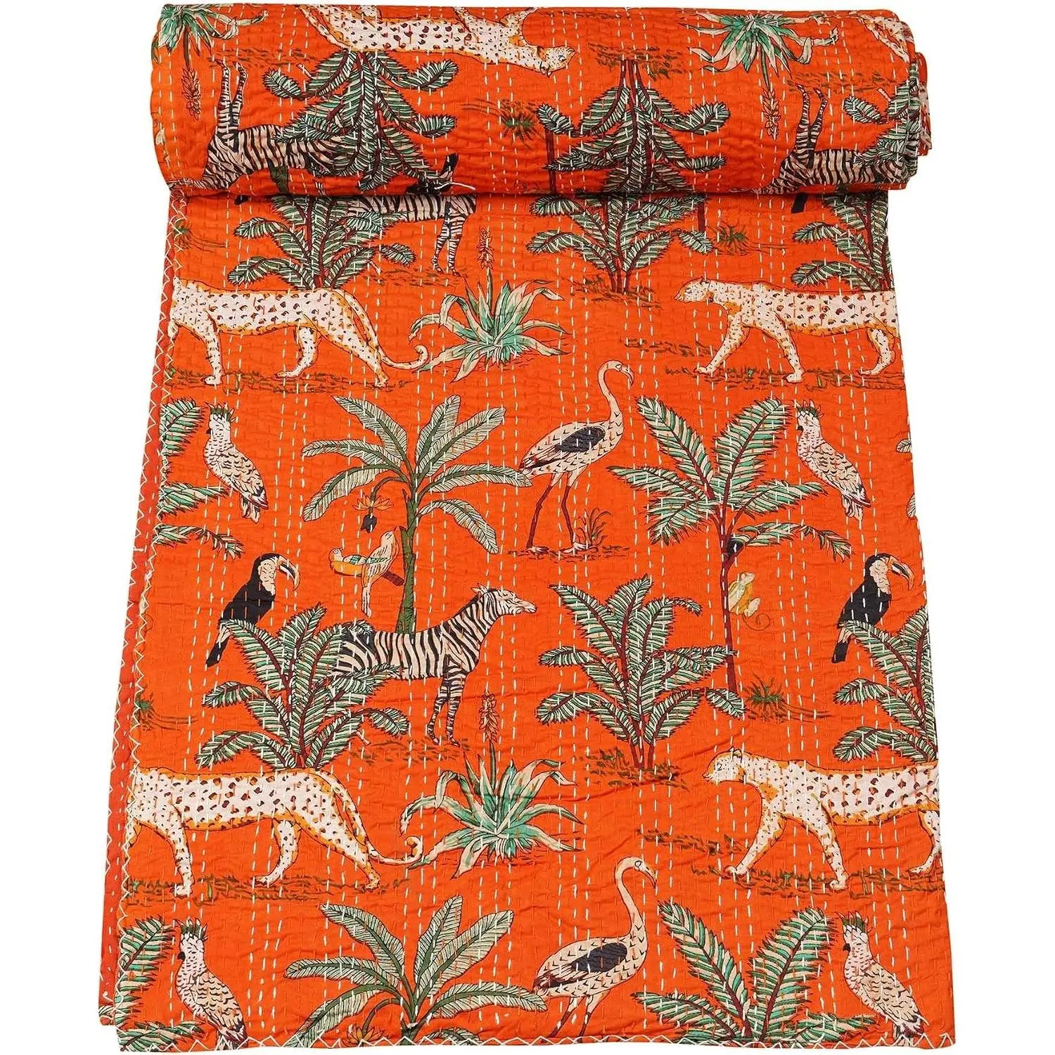 Marubhumi Indian Traditional Pure Cotton Jungle Print Kantha Quilt, Bed Cover Throw Animal Printed Kantha Quilts Multi Color (Orange, Twin (60"x 90"))