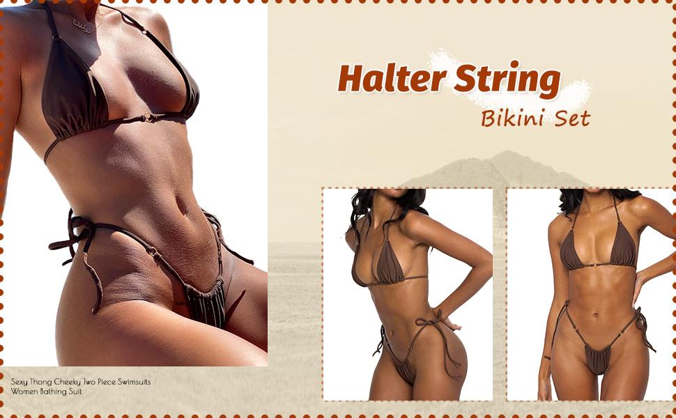Women Halter String Bikini Set Sexy Thong Cheeky Two Piece Swimsuits Solid Color Bathing Swimwear