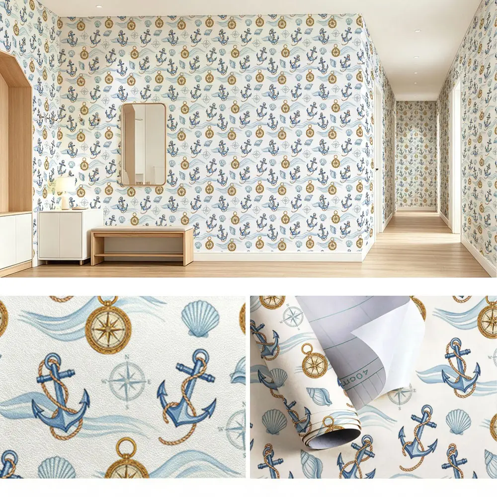 Watercolor Nautical Pattern Wallpaper, PVC Material, Self-Adhesive, Moisture-Proof, Ideal for Kitchen/living Room/bedroom Decor