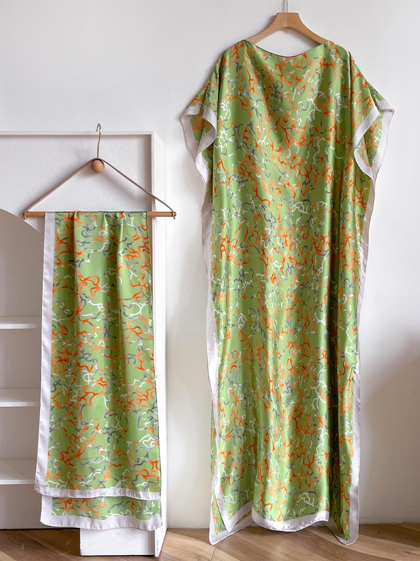 Women's Elegant Soft Cover Up Dress & Scarf Set, Casual Trendy Long Kaftan Dress & Scarf for All Seasons, Fashionable Accessories for Women