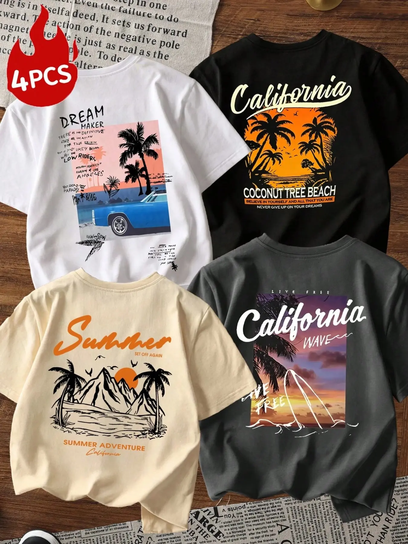 Vintage Graphic Short Sleeve Tee With Back Palm Tree Sunset California Letter Print, Ultra Lightweight Breathable Wrinkle Resistant Summer Top, Multi Neutral Shades Available For Beach Vacation Road Trip Coastal Getaway Viral Retro Surf Aesthetic Summer D