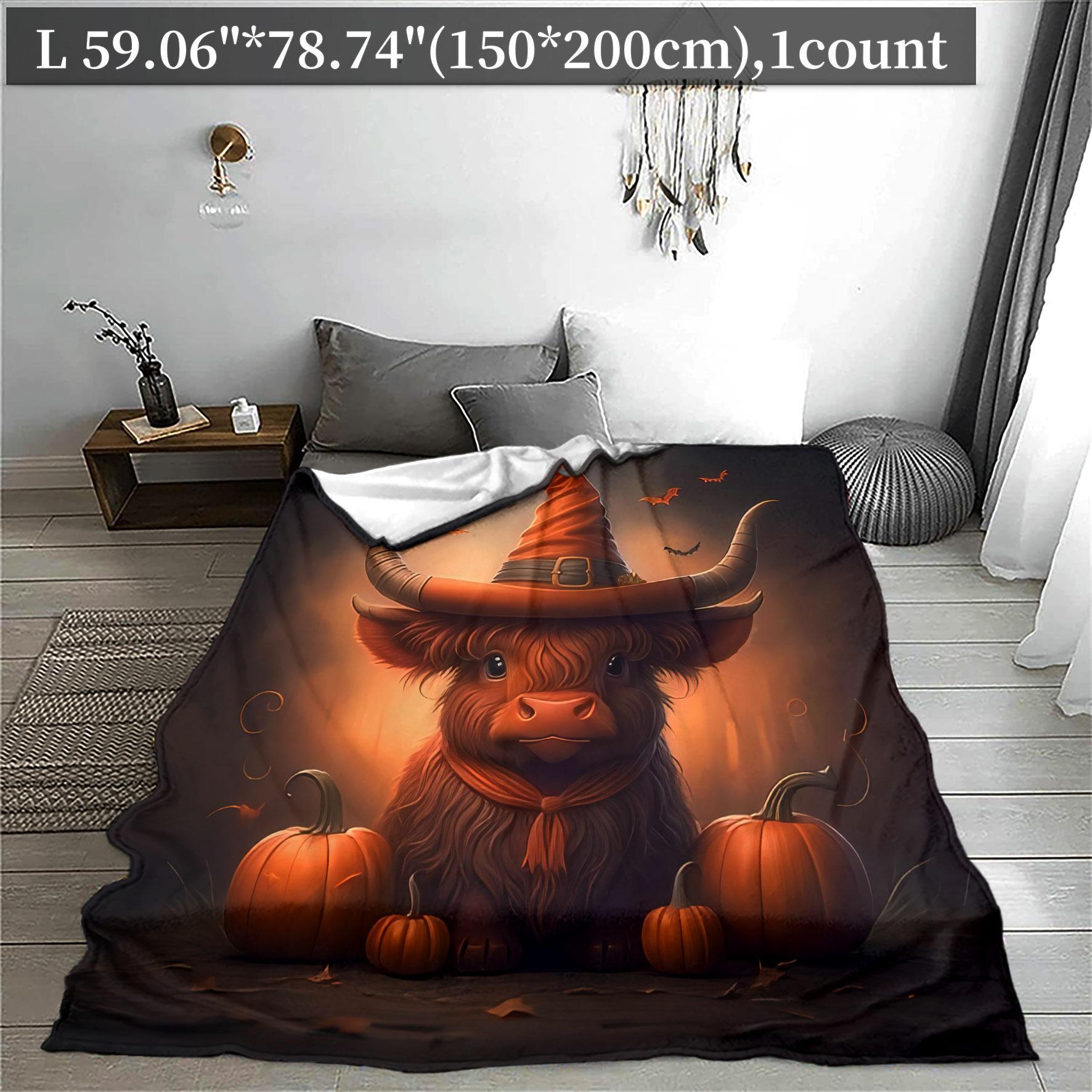 Cartoon Cow & Pumpkin Pattern Flannel Blanket, 1 Count Soft Throw Blanket, Bedroom Accessories, Warm Napping Blanket for Home Office Travel Camping, Christmas Decor, Christmas Accessories, Christmas Gifts, Christmas Decorations, Halloween
