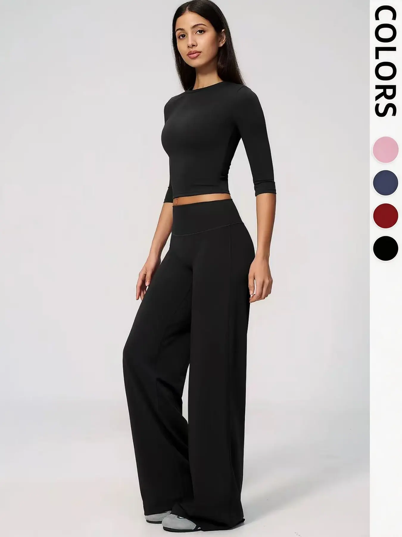 Women 3/4 Sleeve Crop Yoga Top and Wide Leg Flare Pants Set, Quick Dry Activewear, Casual Colorblock Design, All Seasons Wear