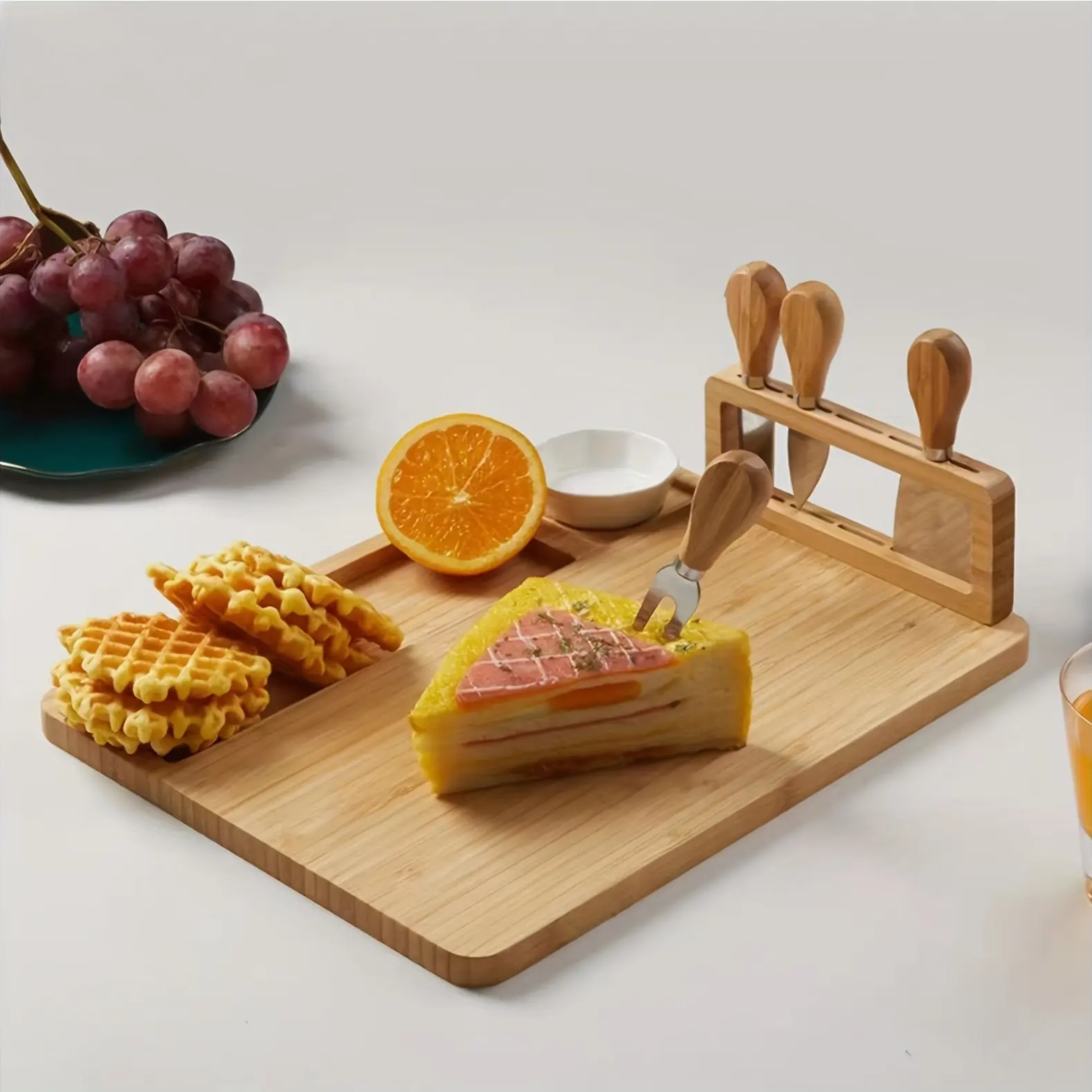 Bamboo Gourmet Cheese Board Set with Knife, Creative Wooden Cutting Tray, Kitchen Utensils for Cheese & Deli, Christmas Gift, Practical Kitchen Accessories, Kitchenware, Home