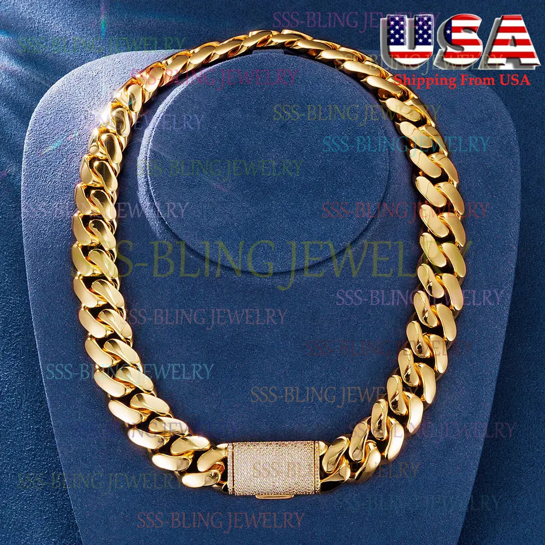 12/14/18/20/22MM Yellow Gold Plated/Silver Stainless Steel Miami Cuban Chain Necklace,With Diamond-Decorated Hip Hop Swag Necklaces, Bling Chain Necklaces sohochic