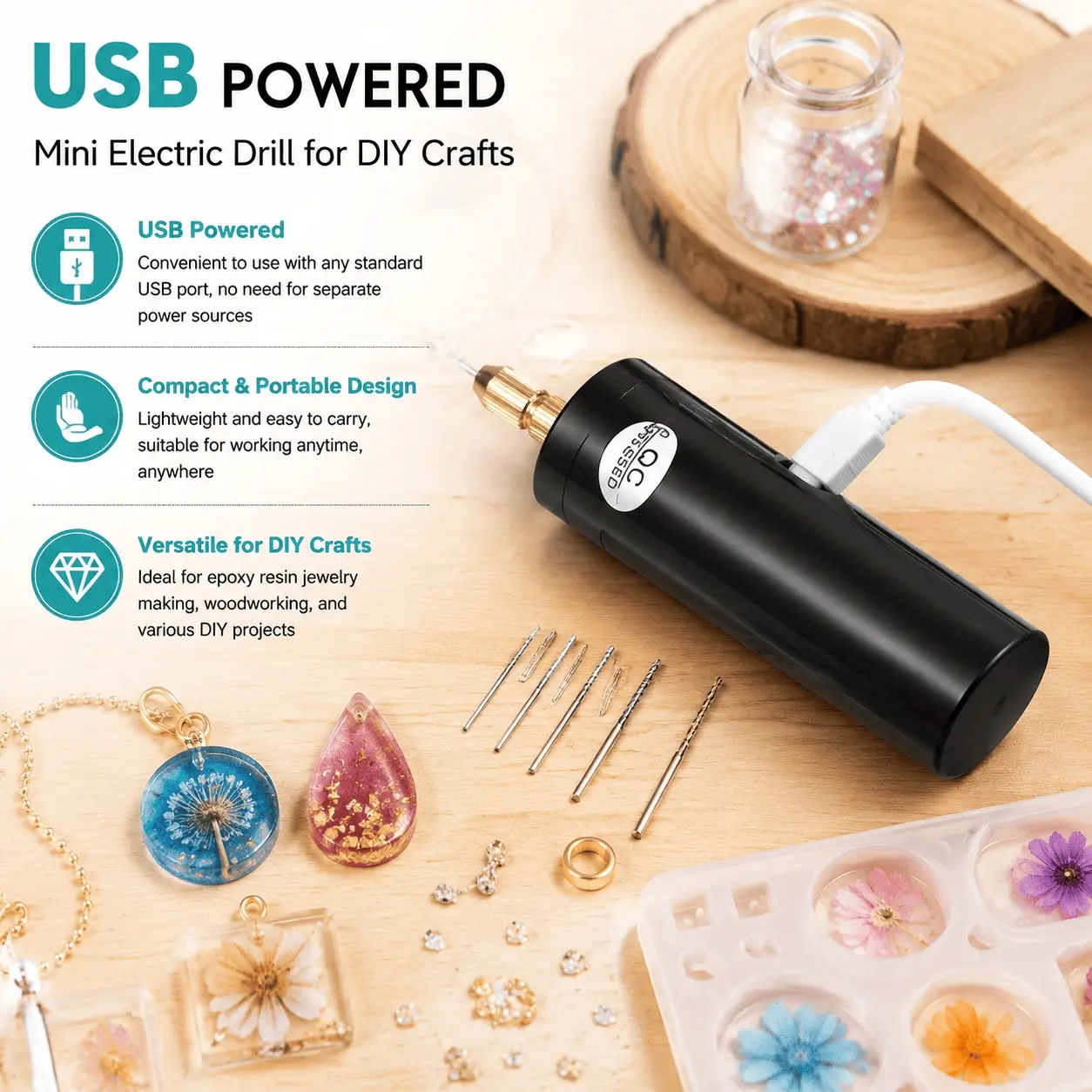 Mini Electric Drill Set, 5-Piece Diamond Grinding Heads, USB Rechargeable Micro Engraver Pen for Jewelry Making, Woodworking, Metal Polishing, PCB Drilling, DIY Crafts & Precision Repair