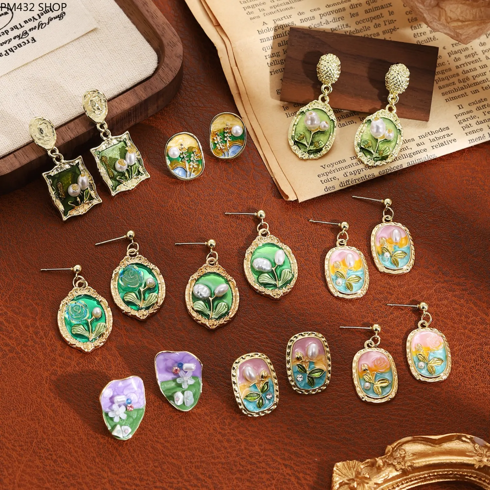 Monet-Inspired Square Pearl Drop Earrings for Women – Vintage French Garden Style, Green Oil Painting Design, Elegant Retro Statement Jewelry