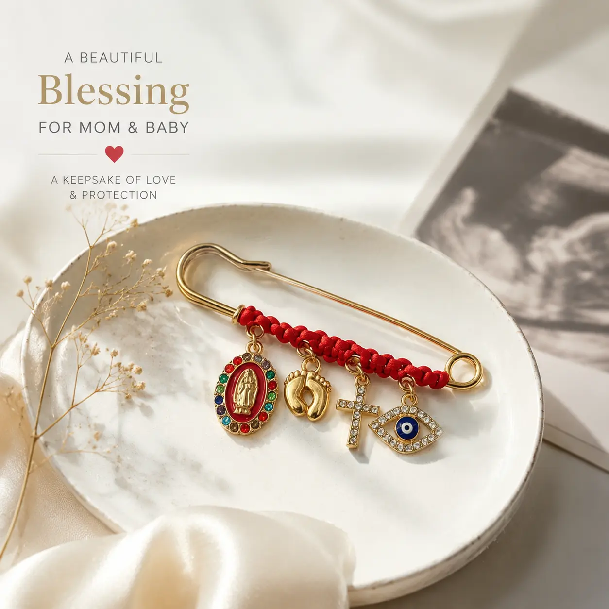 Pregnancy Protection Brooch for Expecting Moms, Maternity Safety Pin with Evil Eye, Virgin Mary & Cross Charms, Religious Blessing Jewelry Gift for New Mothers