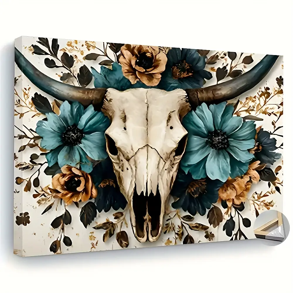 2D Canvas Wall Art: Bull Head and Floral Design—Vintage farmhouse-style decor featuring gallery-wrapped canvas construction; ready-to-hang design, perfect for the living room, bedroom, or office. An excellent choice for creating a bull-themed decor look.