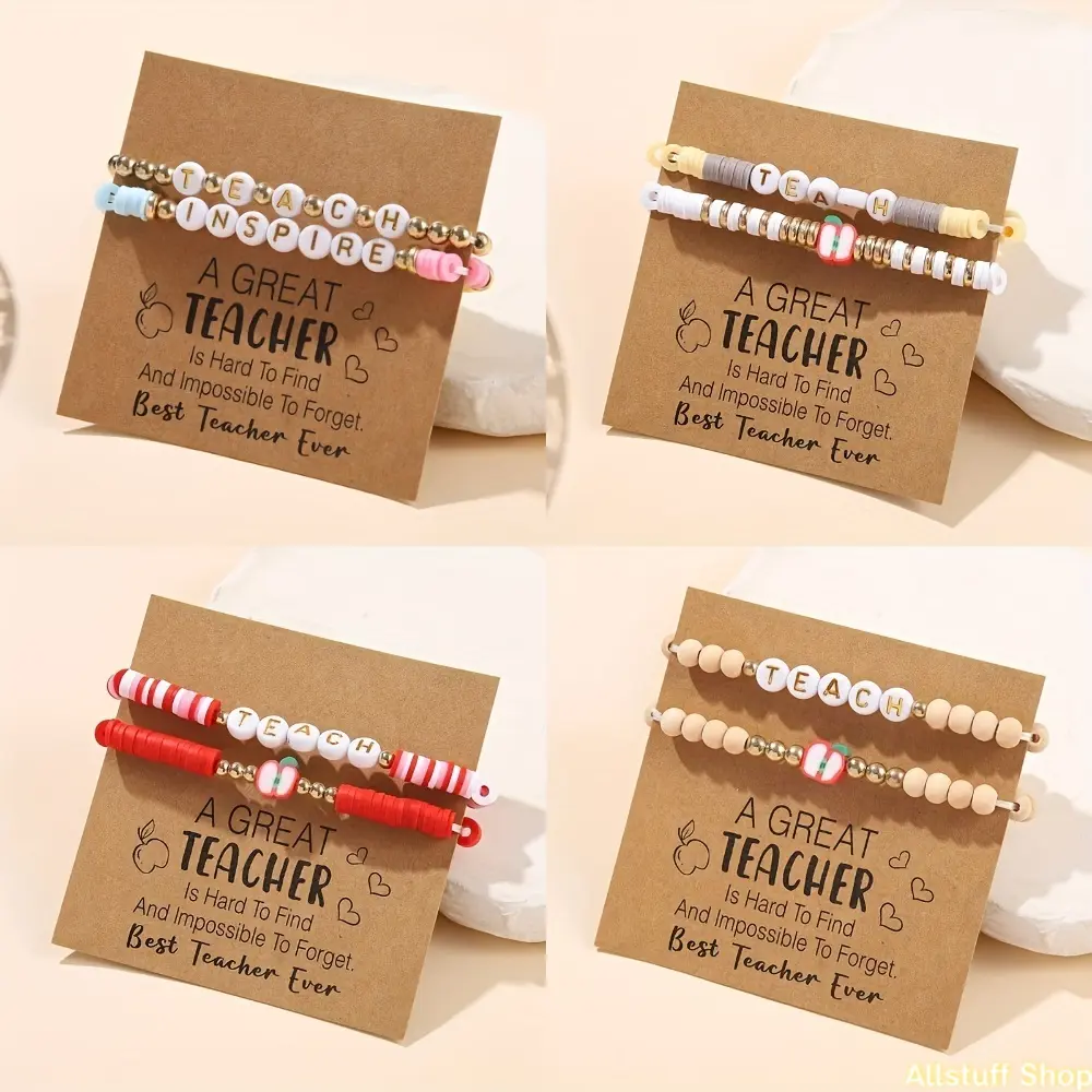2pcs  of graduation season/back-to-school season/Teacher's Day gift TEACH English letter acrylic soft clay bead elastic apple pendant bracelet  with blessing card suitable for students and teachers to wear at parties and give each other as gifts