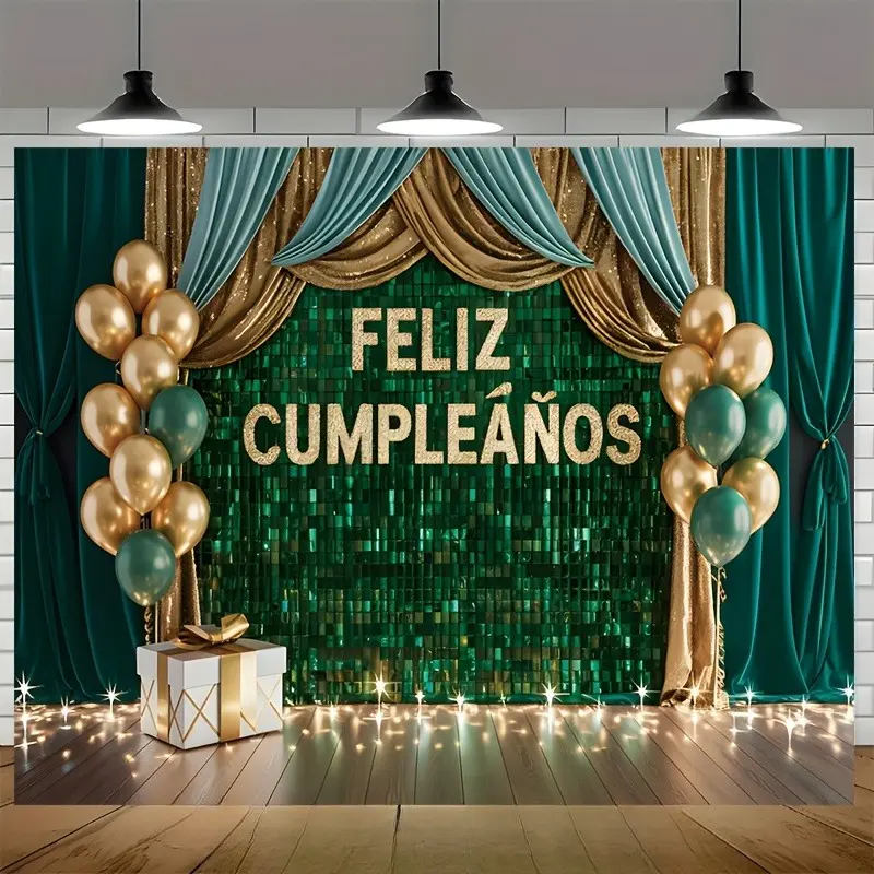 Premium Polyester Spanish "Feliz Cumpleaños" Rectangular Green Mosaic Print Wall Decor Tapestry, Playful Baby Shower-Thanksgiving-Anniversary-Church-Easter Backdrop for Family Celebration Photo Booth