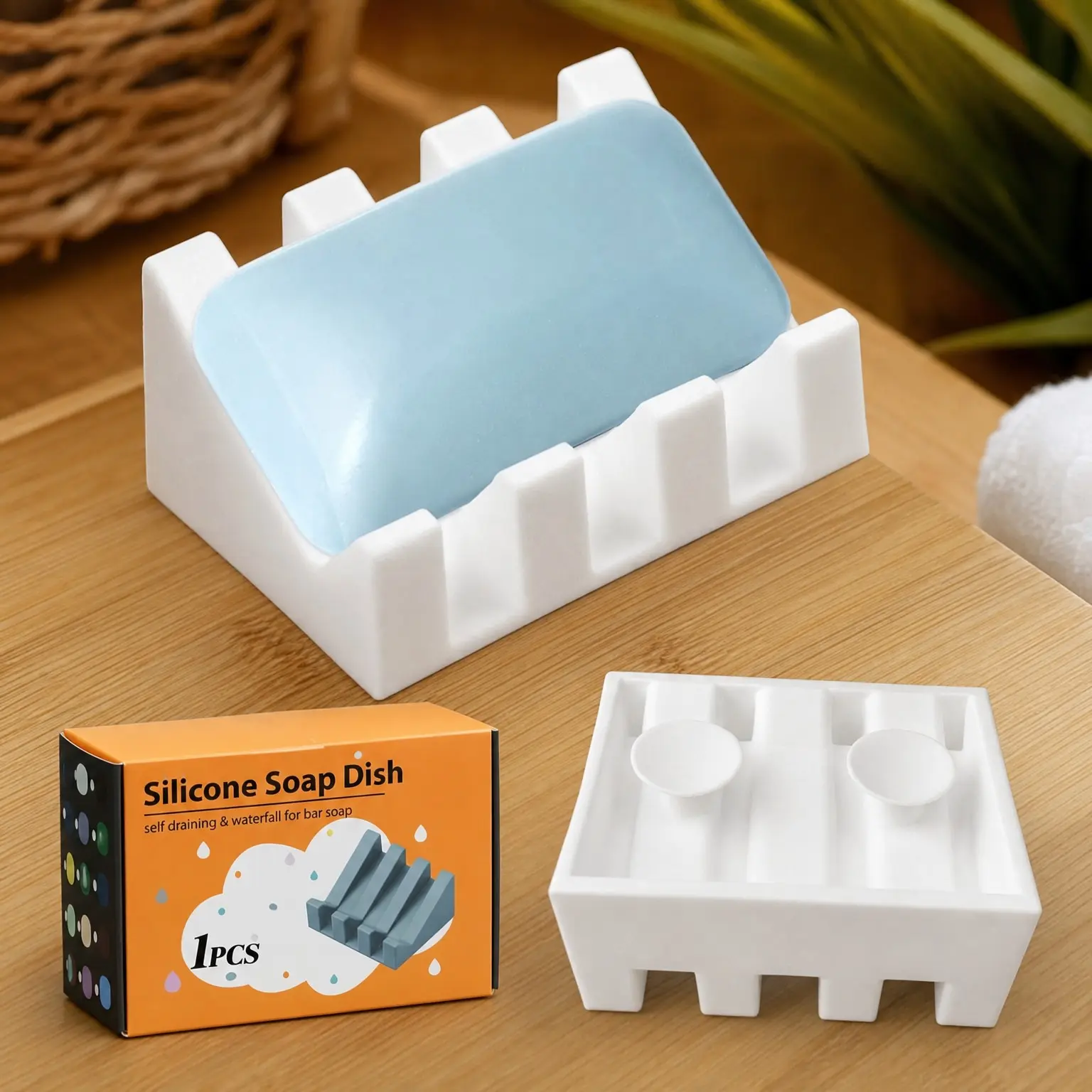 Silicone Soap Dish Self Draining with Suction Cups, White, 1 Pack - Fast Waterfall Drainage Keeps Soap Dry, Non-Slip Silicone Base for Bathroom & KitchenGift