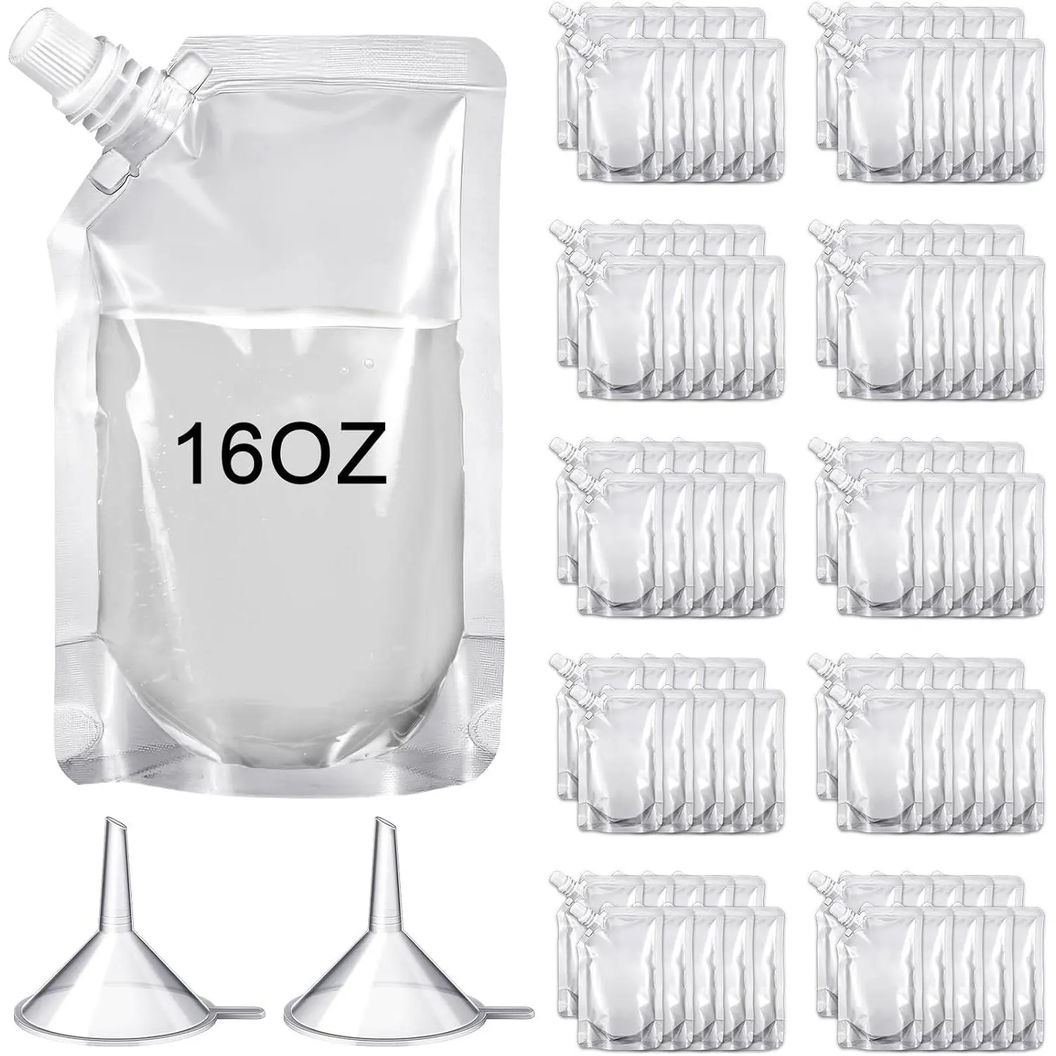 100 Pcs Plastic Pouches Bulk Reusable Squeeze Pouches Clear Plastic Juice Leak Proof Bags with Funnel for Party Favors Supplies(16 oz,Inclined Mouth)