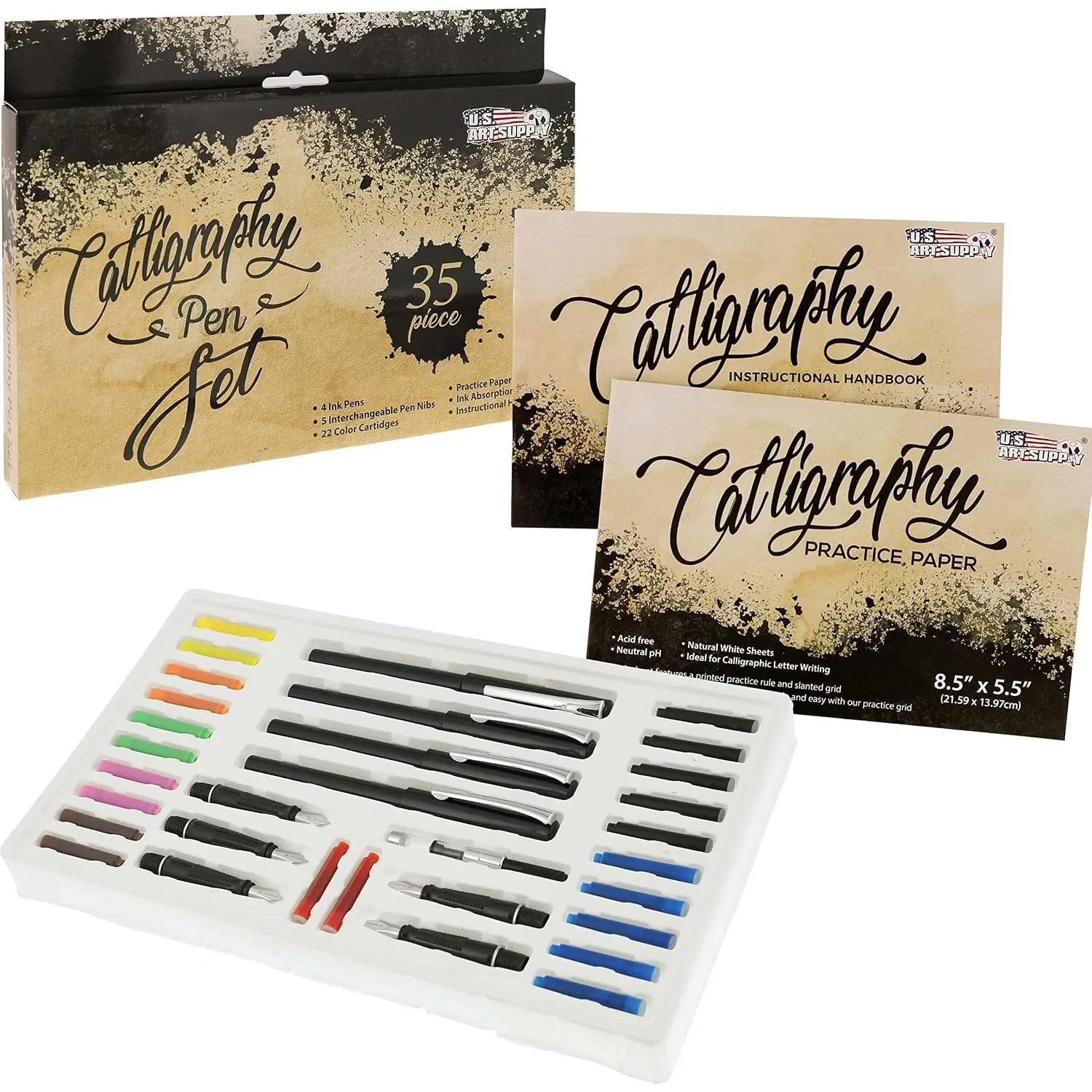 35- Calligraphy Pen Set - 4 Pens, 5 Nibs, 22 Inks, Includes Calligraphy Pens for Writing, Beginners Handbook & Practice Paper Pad