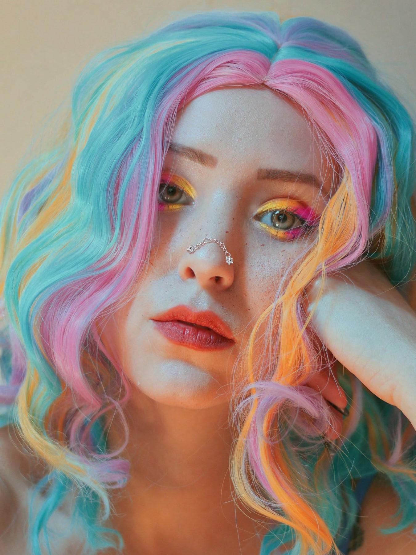 Fashion Stainless Steel Nose Ring with Chain, Cubic Zirconia Heart Design, Synthetic Zircon L-Shaped Piercing Jewelry