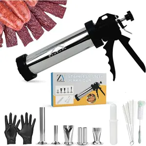 Professional Jerky Gun Kit – Stainless Steel Beef Meat Maker Machine with 5 Nozzles, 1 Meat Pusher, 5 Cleaning Brushes (2 Sets), Sausage Shooter Accessories & Bonus Pair of Gloves
