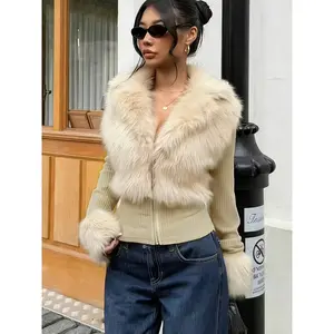 Women's Fashion Autumn/Winter Lapel Furry Patchwork Long-Sleeve Jacket, Women's Zip-Up Jacket, Fashion Street Style Autumn/Winter Outerwear, Suitable for Casual to Formal Occasions, Winter Fashion, Elegant Style, A Must-Have for Fashion Lovers