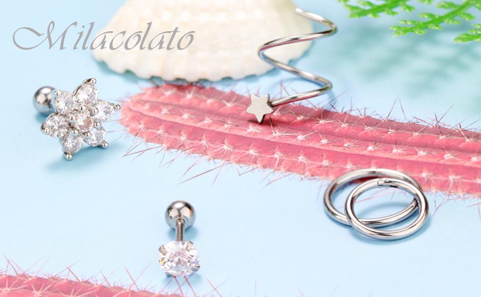 MILACOLATO Cartilage Earring 11count 16G 18G Stainless Steel Cartilage Earrings Stud Hoops Conch Forward Helix Earrings Tragus Daith Piercing CZ Barbell Stud Cartilage Piercing Jewelry for Women s Studearrings