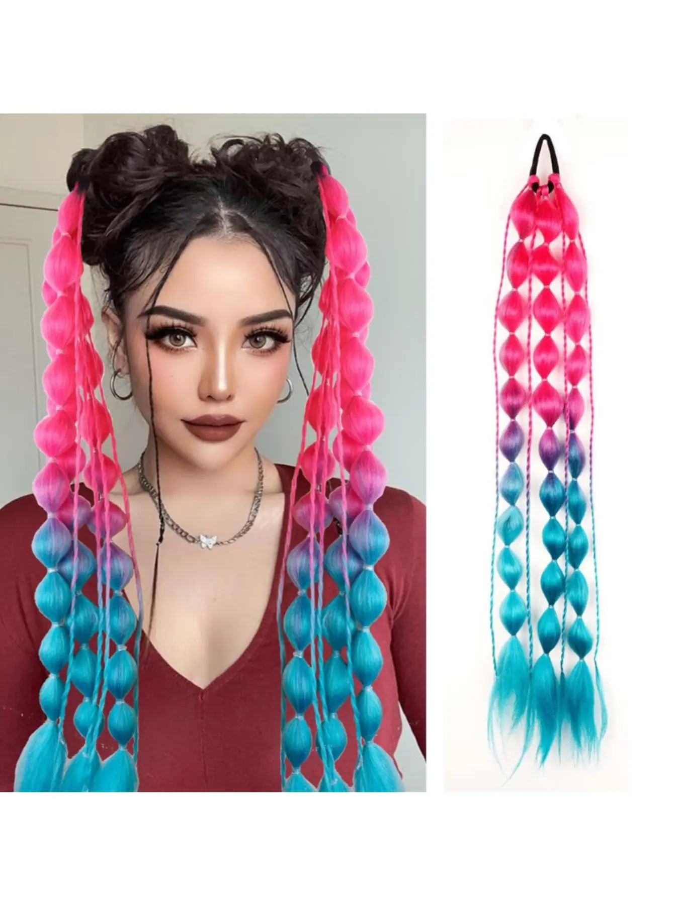 24 Inch Gradient Bubble Braids Ponytail Extension Synthetic Hair for Women Cute Long Bubble Braid Hairpiece Easy Wear