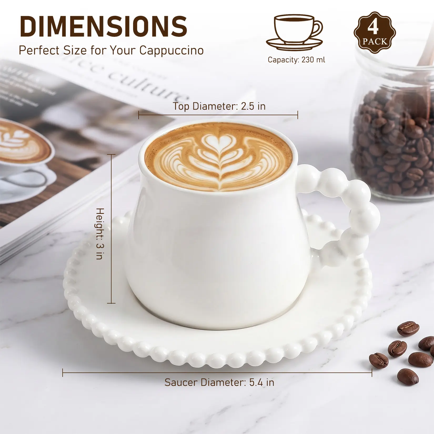 Ceramic Coffee Cup and Saucer Set, Cappuccino Cup with Decorative Beaded Handle and Scalloped Saucer, Microwave and Dishwasher Safe White Espresso Mug for Latte, Tea and Home Café