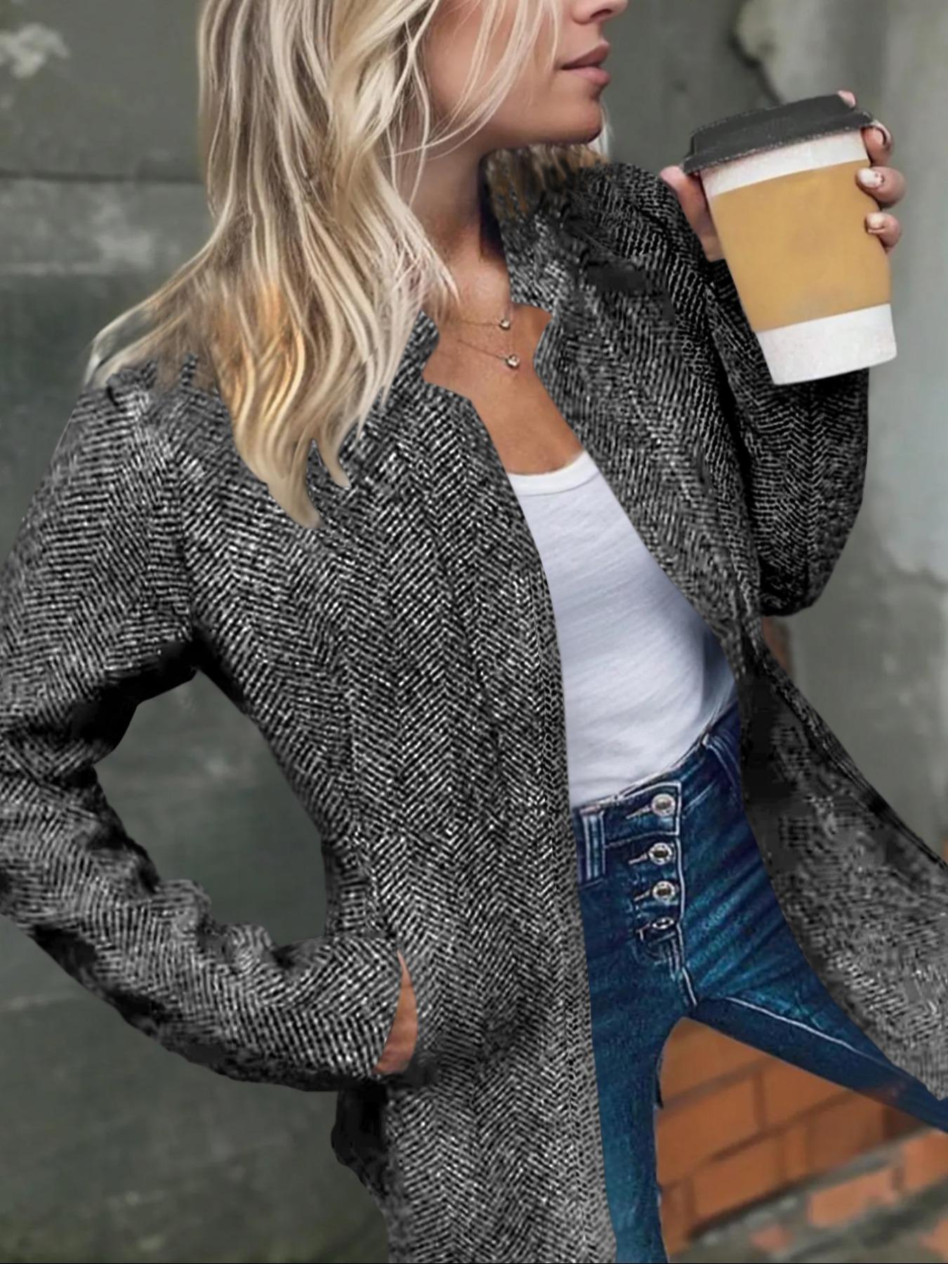 Women's Solid Color Pocket Long Sleeve Open Front Coat, Casual Longline Outerwear for Fall & Winter, Ladies Clothes for Daily Wear, Clothing for Women