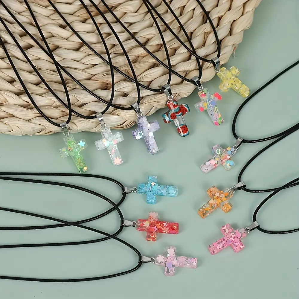 20pcs Resin Glitter Cross Luminous Pendant Necklace, Bulk Multicolor Luminous Crucifix Charms with Black Adjustable Necklace Cord for Necklace Jewelry Making, Cute Jewelry Additions Best Holiday Gift, Reward Gift (10 Pendants + 10 Necklace Chains)