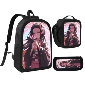 Demon Slayer Kimetsu no Yaiba Nezuko Collaboration 3-Piece Black Set - School Backpacks, Pencil Case, Lunch Bag for Anime Fans