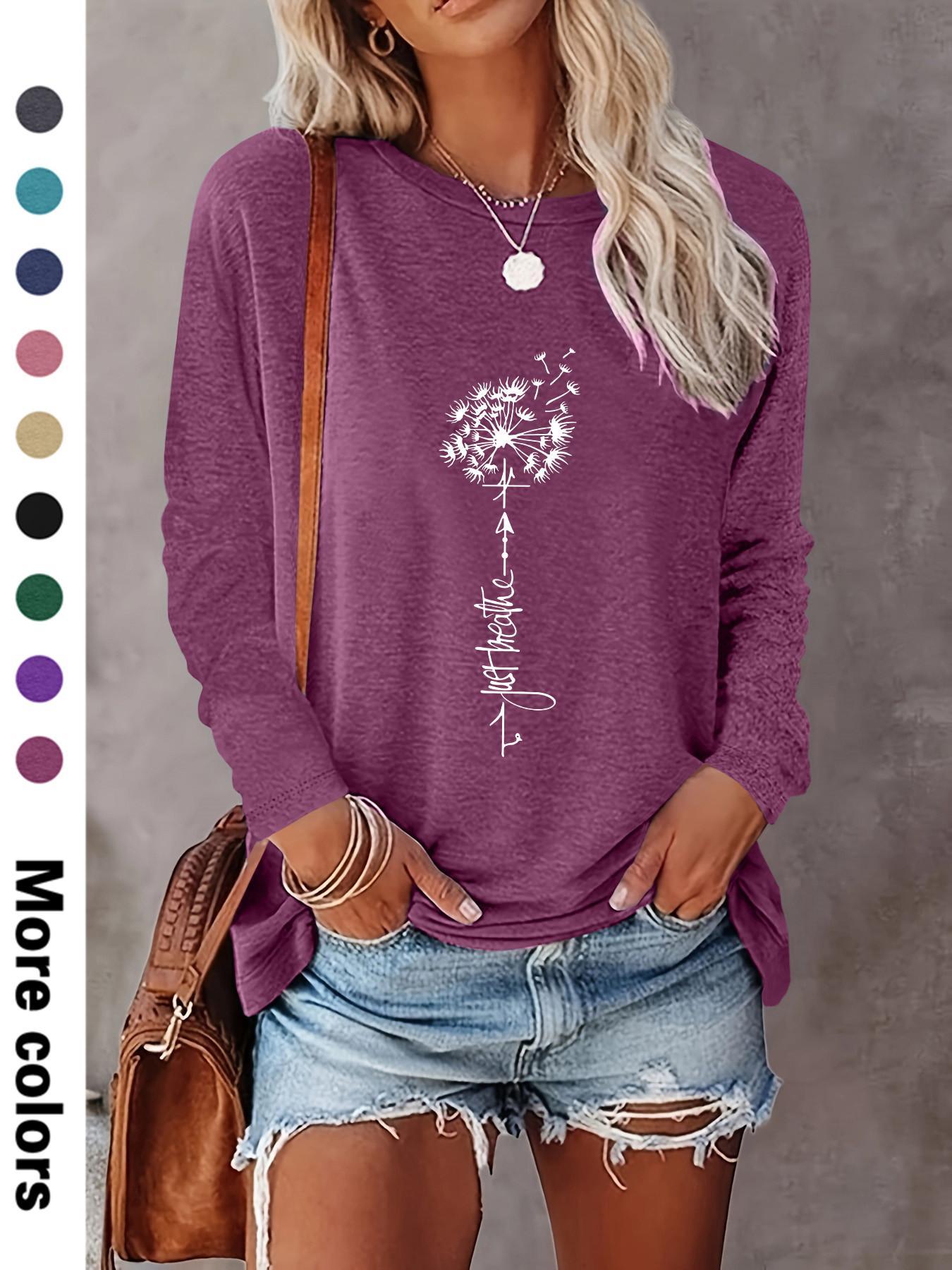 Women's Floral & Letter Print Crew Neck Tee, Fashion Casual Fitted Long Sleeve T-shirt for Daily Outdoor Wear, Ladies Clothes for Spring & Fall